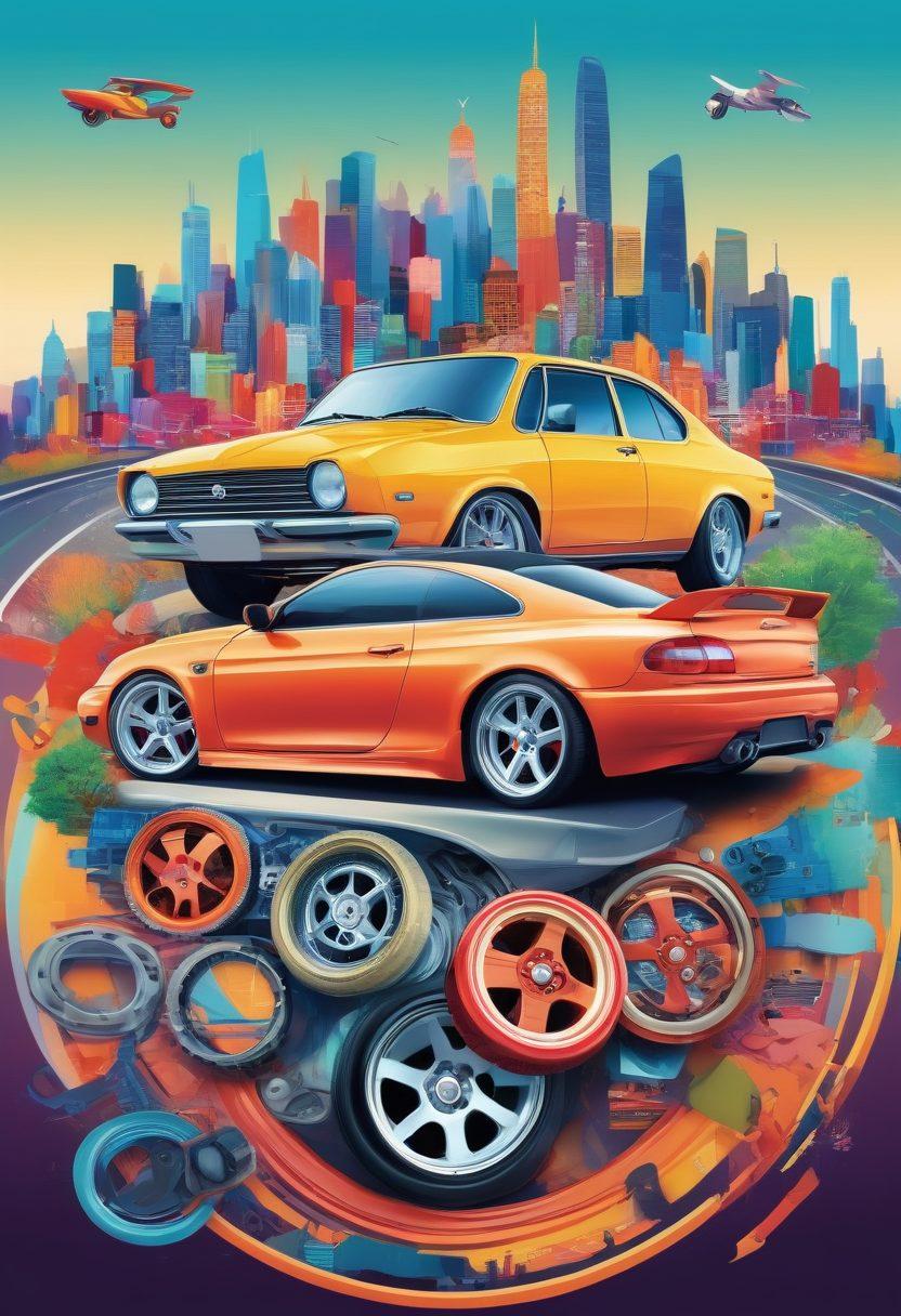 A colorful collage featuring various joyful automotive parts like shiny wheels, vibrant car interiors, and playful steering wheels, all set against a dynamic cityscape background. Include an inviting road winding through a tranquil landscape, suggesting adventure and exploration. The overall mood should be upbeat and inspiring, highlighting the joy of driving and car customization. vibrant colors. vector art.