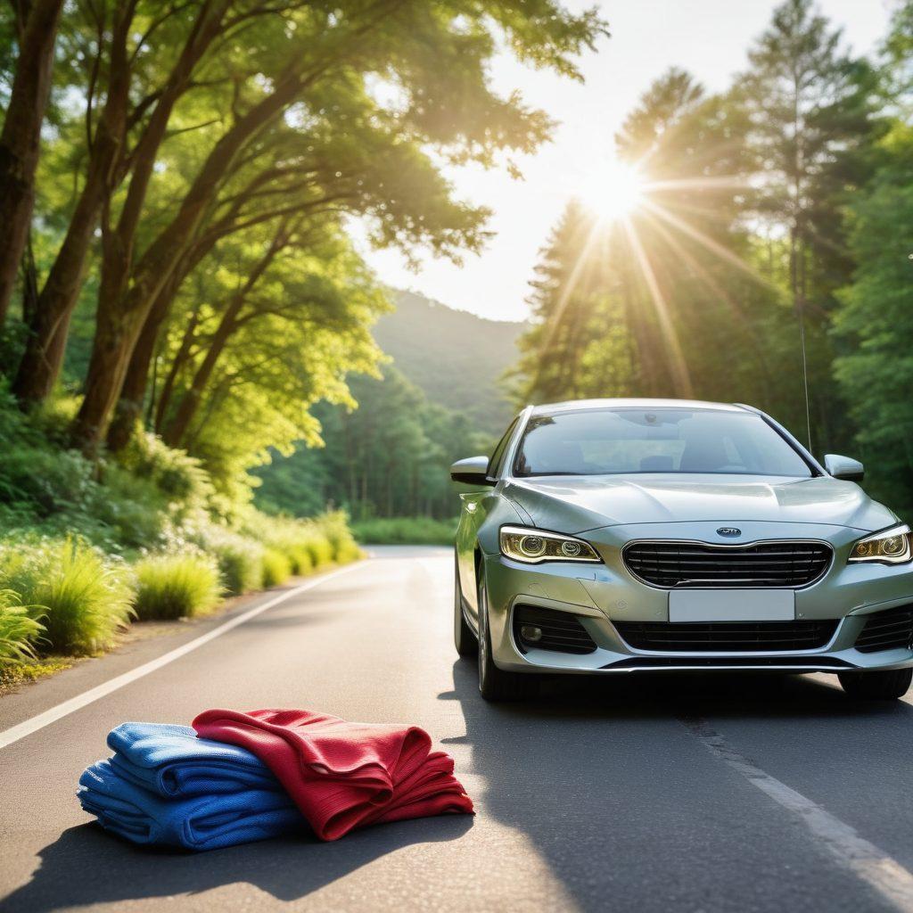 A shiny, well-maintained car on a scenic road surrounded by lush greenery, showcasing the joy of a healthy ride. Include various car care tools like wax, microfiber cloths, and tire shine products artistically placed around the car. The sun is shining brightly, creating a vibrant atmosphere of positivity and freshness. Add a soft-focus background of a winding road disappearing into the horizon. super-realistic. vibrant colors.