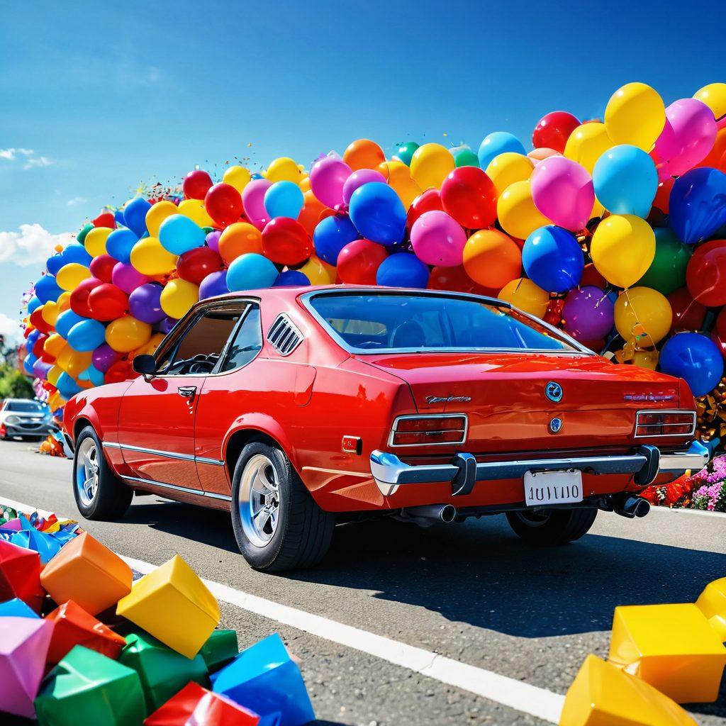 A colorful and dynamic scene featuring a joyful car surrounded by premium parts like shiny wheels, sleek bumpers, and vibrant engine components, set against a backdrop of a sunny day with blue skies. Include happy people of diverse backgrounds enjoying their revitalized vehicles, as well as elements like flowers or confetti to enhance the festive mood. super-realistic. vibrant colors. cheerful atmosphere.